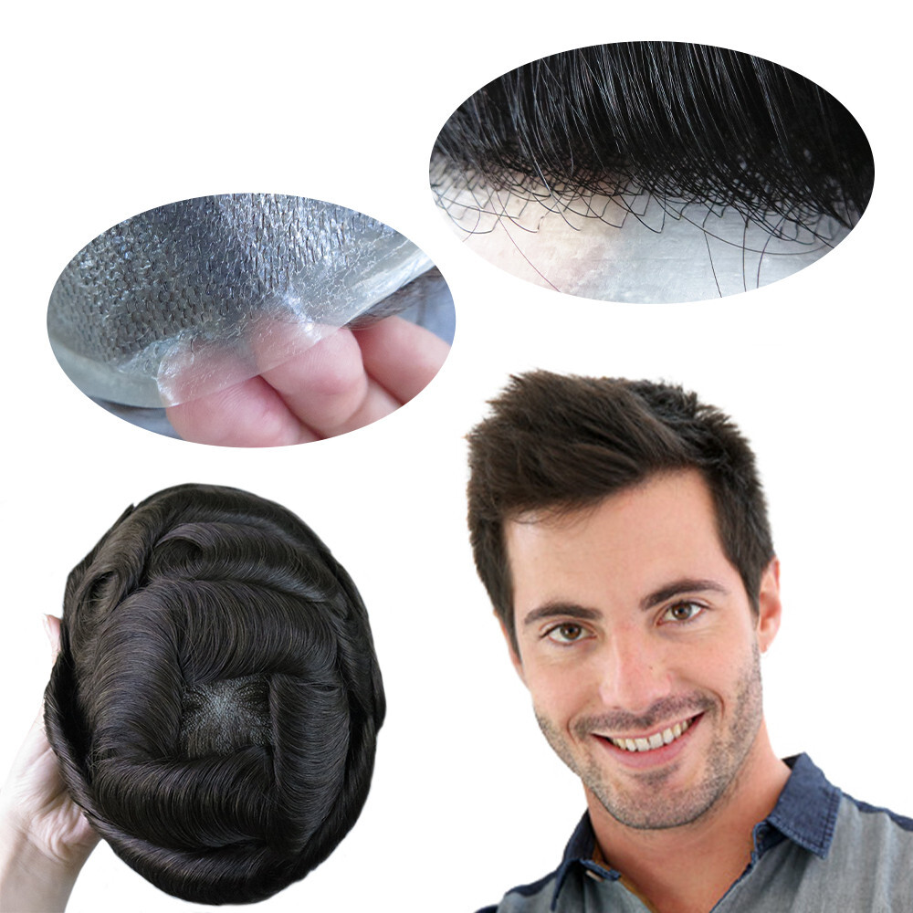 Mens Thin Skin Toupee Human Hair Replacement System Hairpiece BIO Dark Brown #2