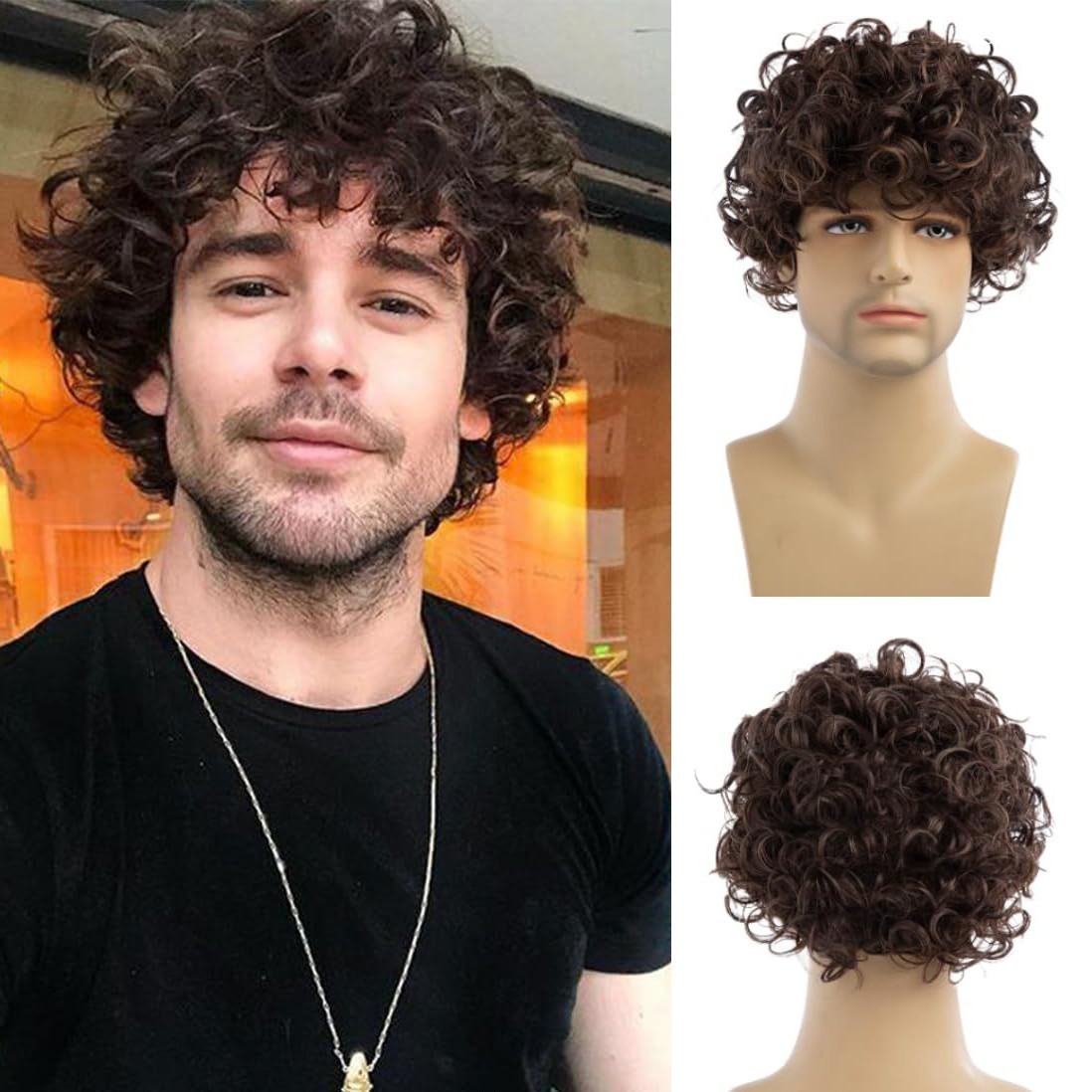 Men Brown Short Curly Wig Fluffy Synthetic Fiber Hair Wigs for Men Daily Wig