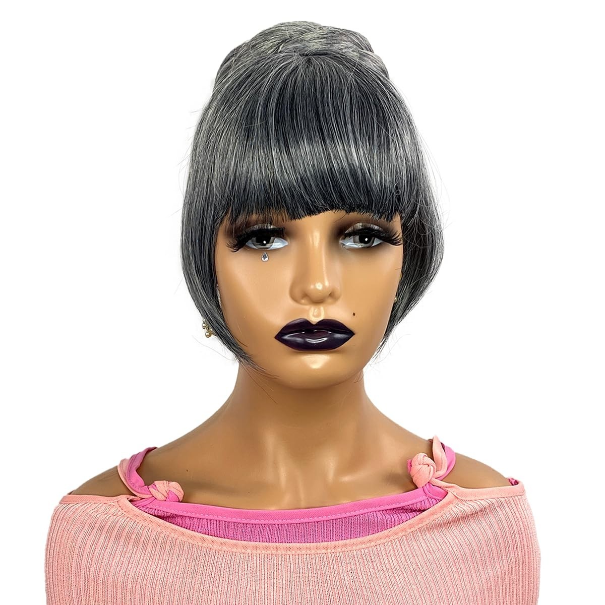 Gray Bun & Bangs Set 2PCS – Salt and Pepper Grey Clip in French Bangs with Tw…