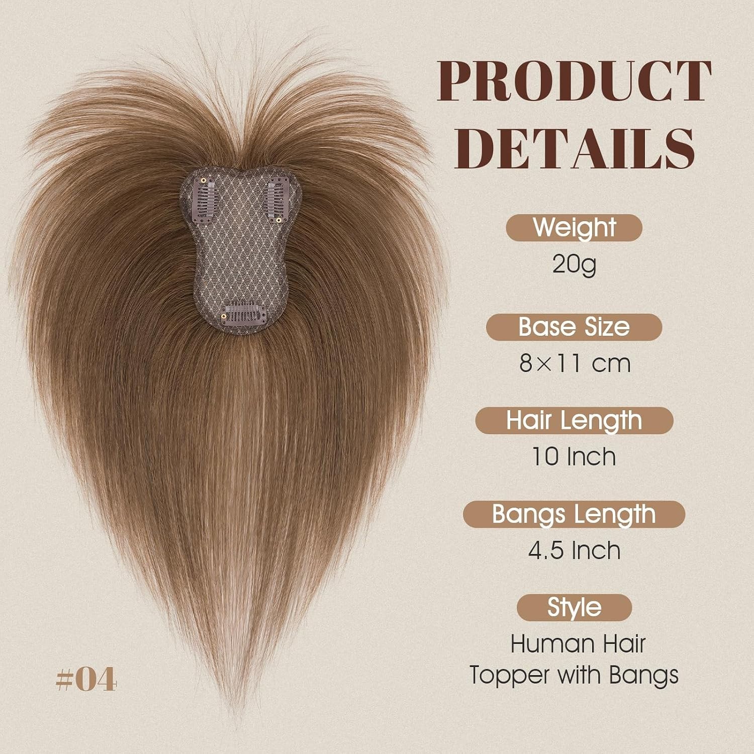 Hair Topper 100% Remy Human Hair, #4 Medium Brown, 10″ w/ Air Bangs FREE SHIP!