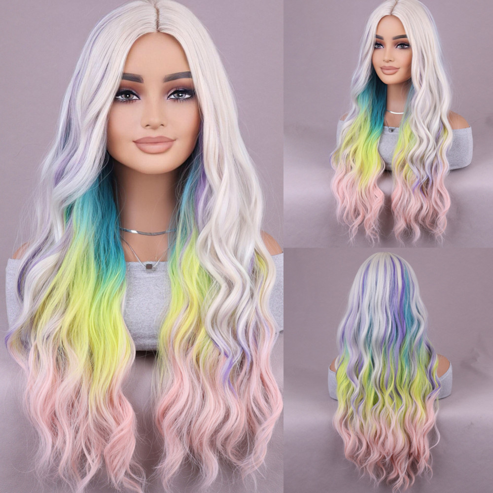 28in Women’s Multi Color Rainbow Wig Long Curly Wavy Wig Cosplay Party Wig