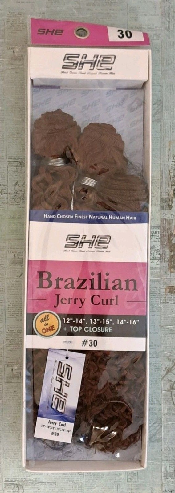 SHE Brazilian Human Hair Jerry Curl #30 3 Bundle Top Closure New In Package