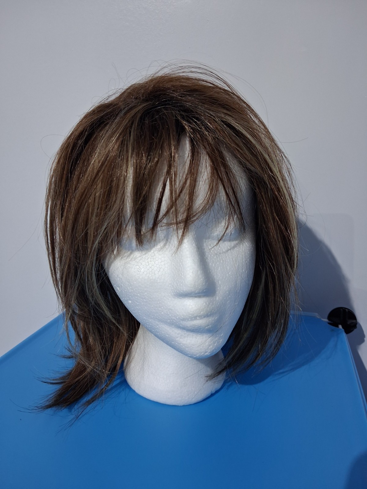 Ombre Brown with Blond Highlights Layered Bob Wig with Bangs, Medium Length