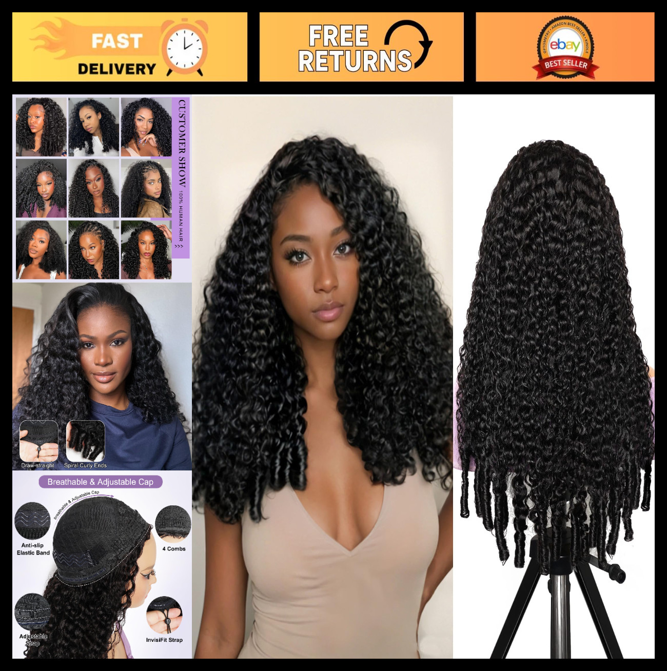 20″ Burmese Curl Half Wig – 200% Density, Glueless, Seamless, Beginner Friendly,