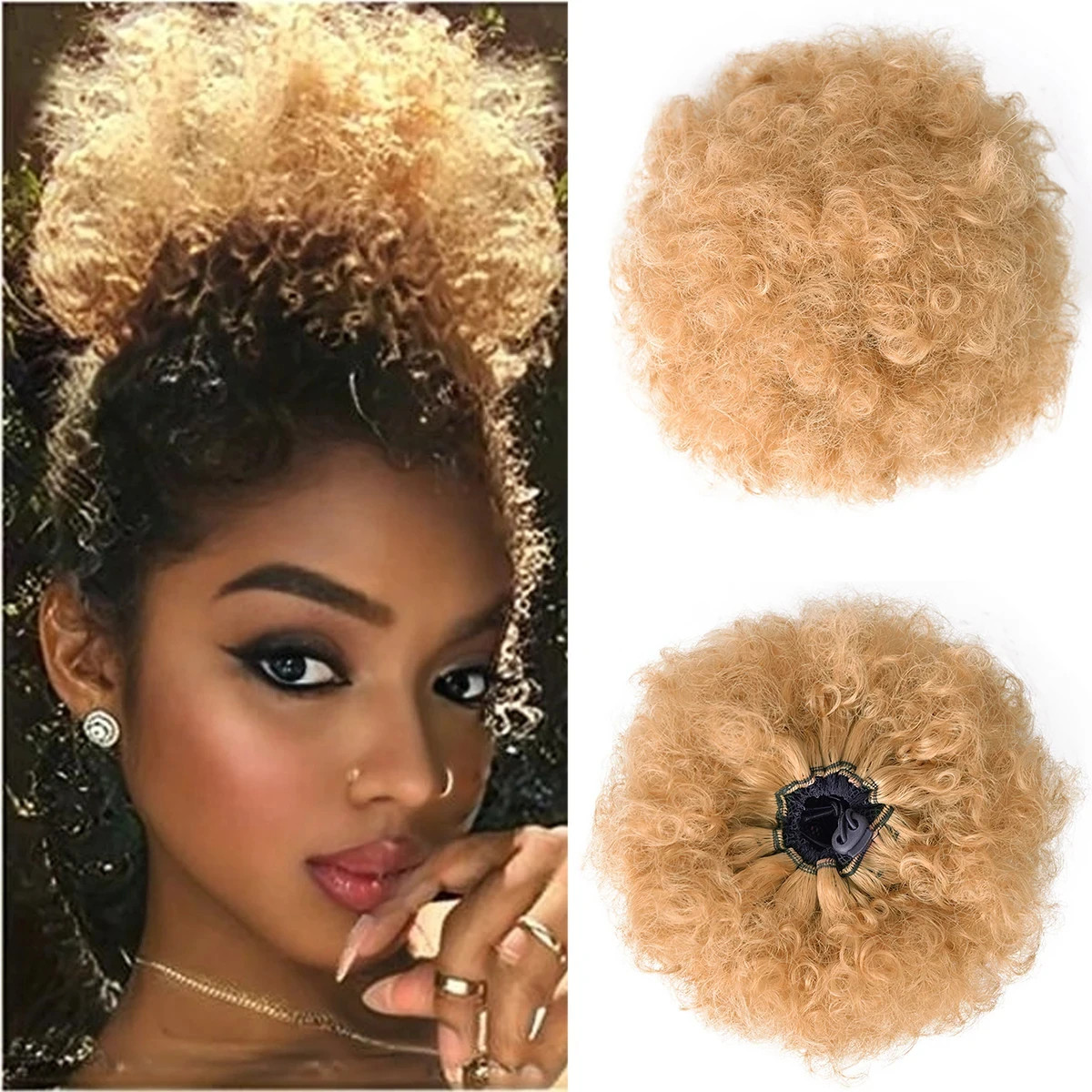 Ombre Blonde Large Curly Synthetic Messy Hair Bun Elastic Drawstring Ponytail