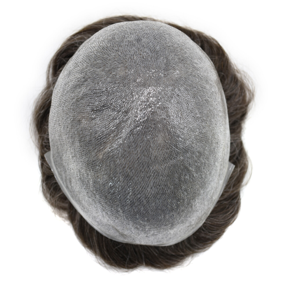 Thin Skin V-Loop Mens Toupee Hairpiece 0.04mm Poly PU Gray Hair Replacement