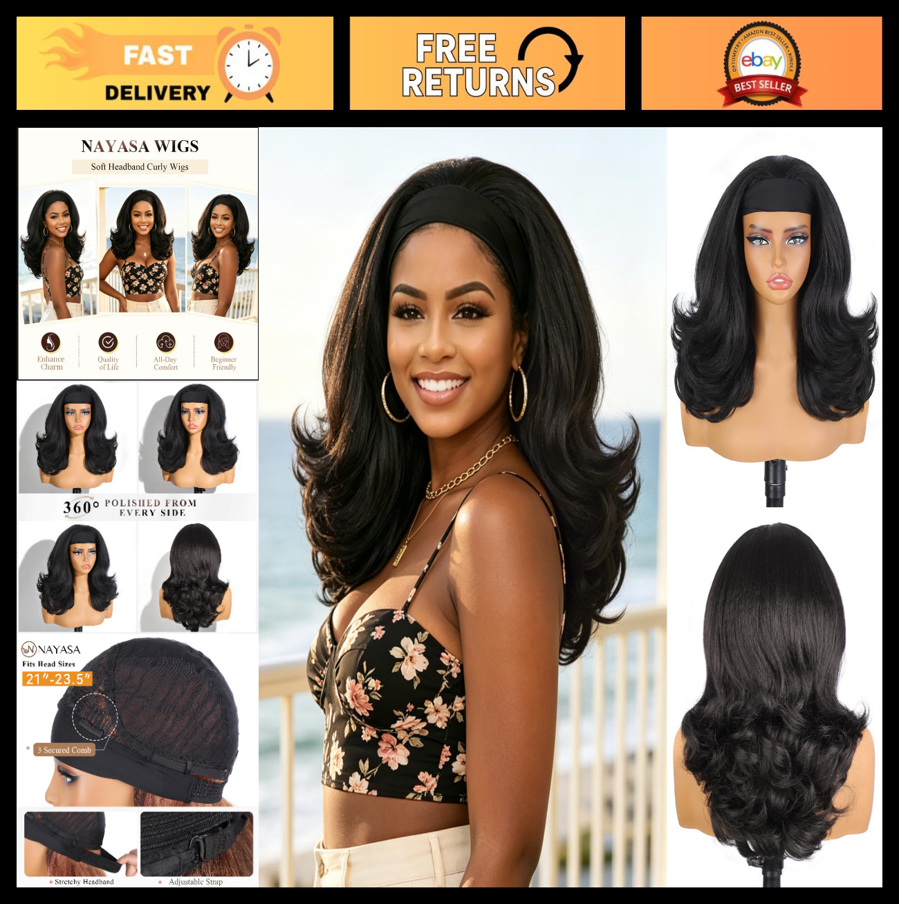 18″ Curly Headband Wig for Black Women – Synthetic Layered Kinky Straight, Easy