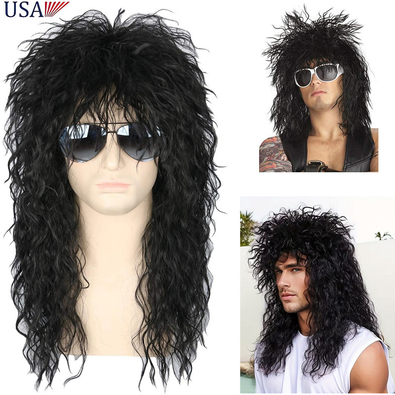 Men’s 80s Black Long Curly Wig With Bangs Mullet Rock Wigs Costume Male Wig USA