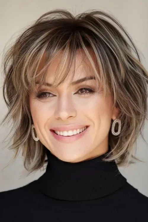 Short Bob Ash Brown Blonde Highlights with Bangs 100% Human Hair Lace Front Wigs