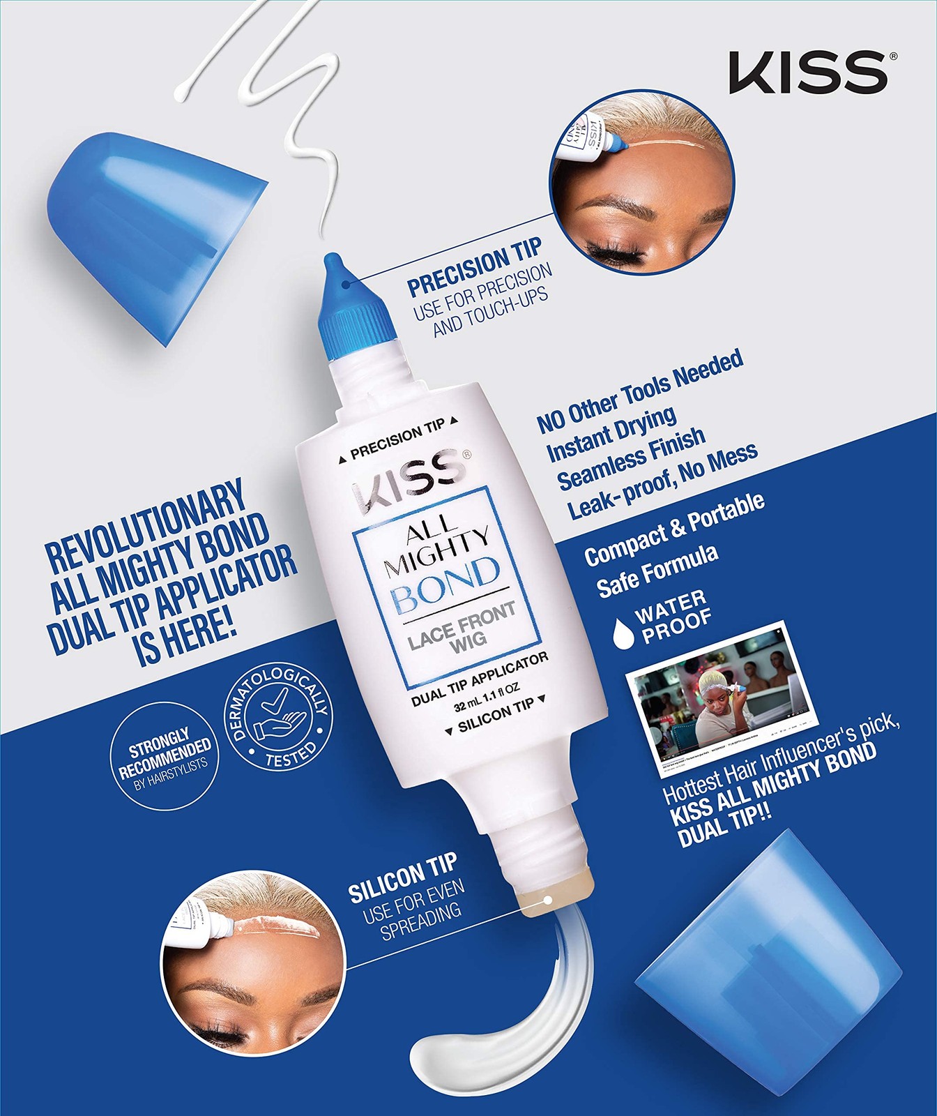 KISS All Mighty Bond Lace Front Wig Glue Dual Tip Applicator 32mL (1.1 fl OZ)