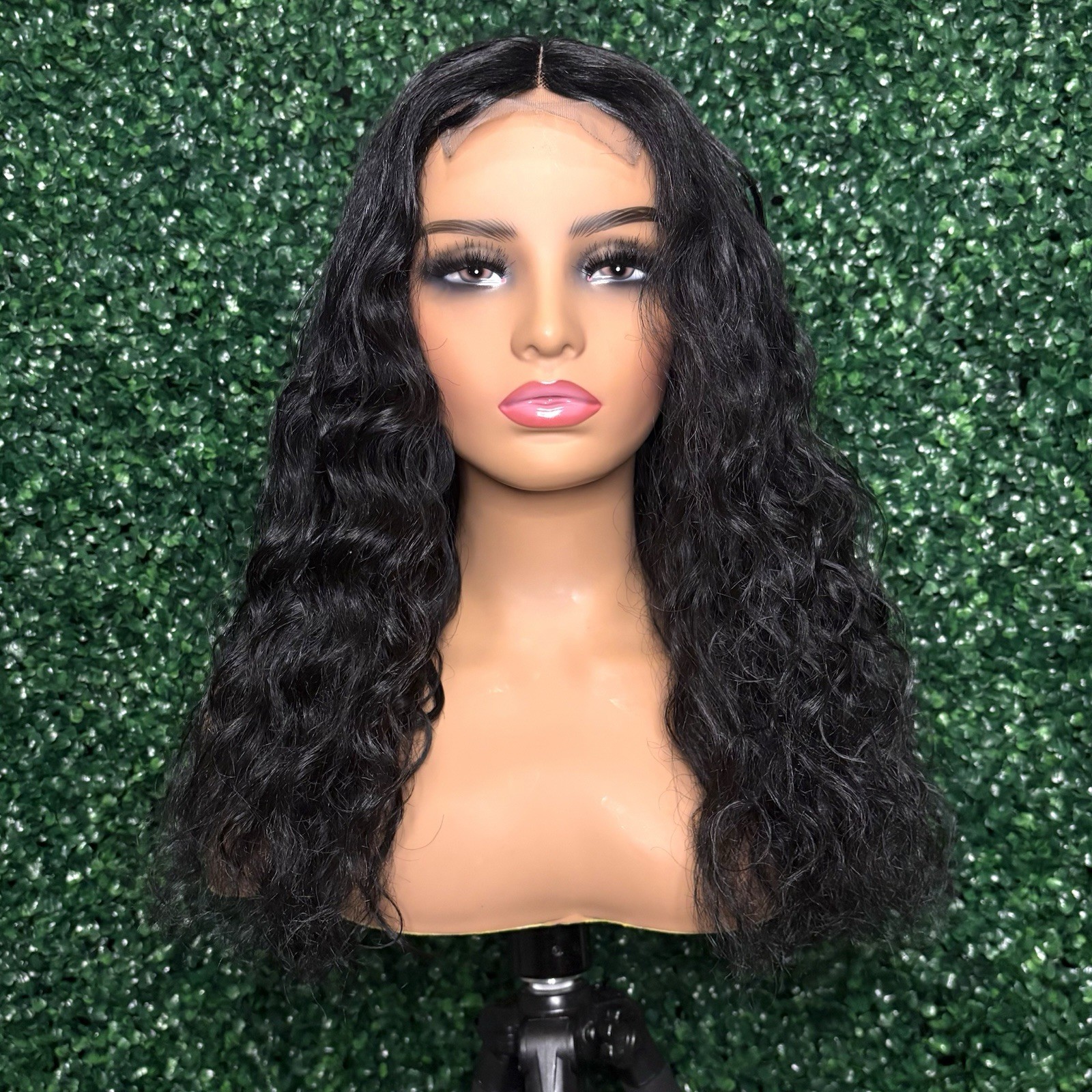 BRAND NEW 22inch Loose Curly Human Hair Blend 4×4 Lace Closure Wig Natural Blk