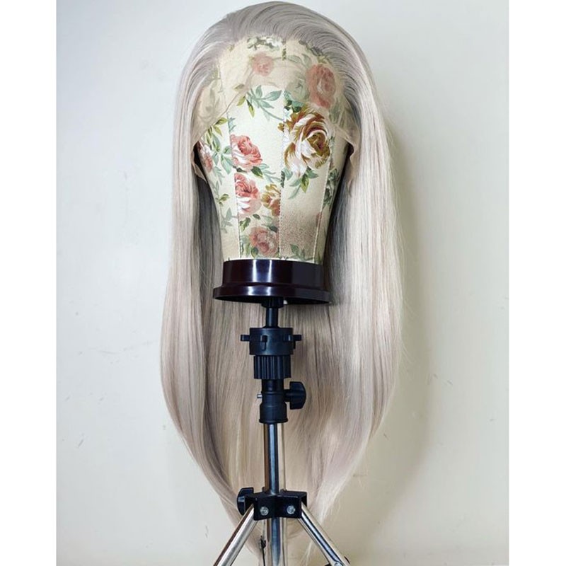 Heat Resistant Synthetic Hair Long Straight Lace Frontal Wig Silver Gray