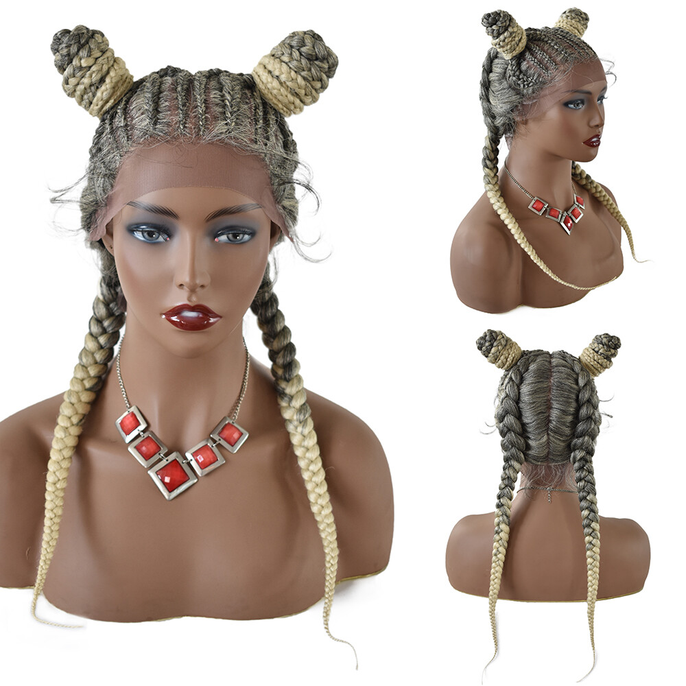 Swiss Lace Front Cornrow Box Braided Women Wigs Baby Hair 2 Updo Buns Ponytails