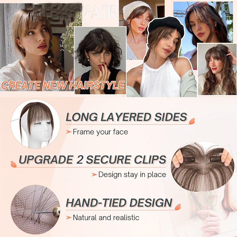 100% Human Hair Extensions Clip In 3D Bangs Mid-Part Air Bangs French Bangs Thin