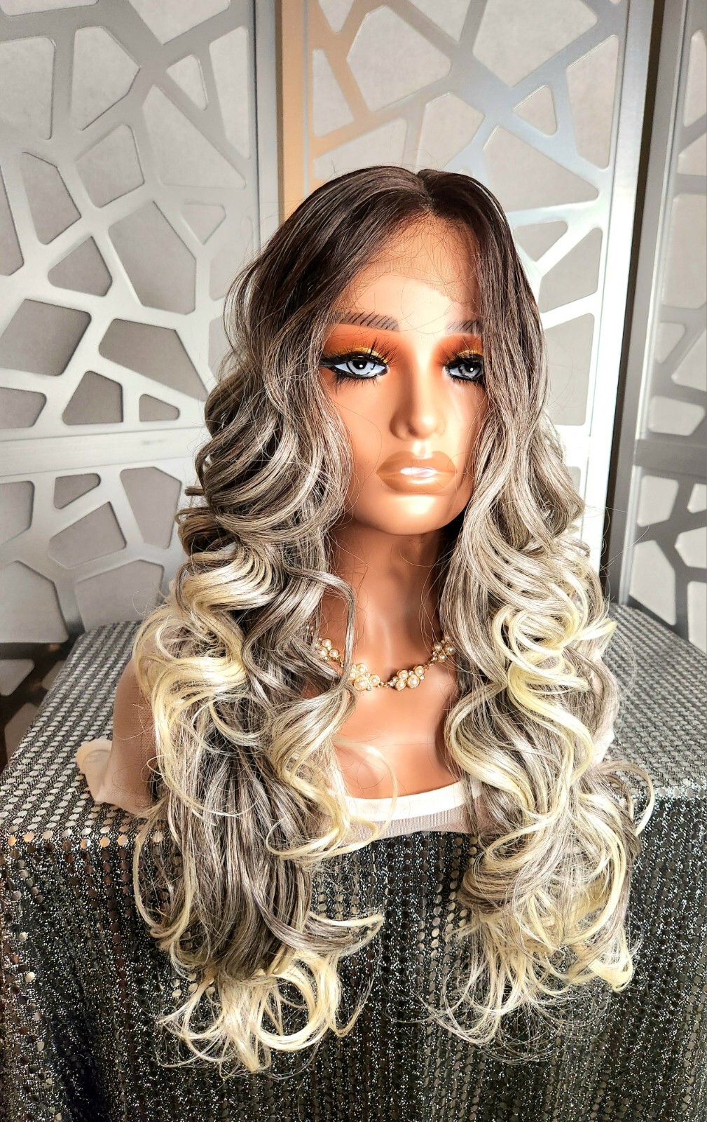 Lace Front Wig Human Hair Blend Ombre Blonde Curly Long Wig Highlights Glueless