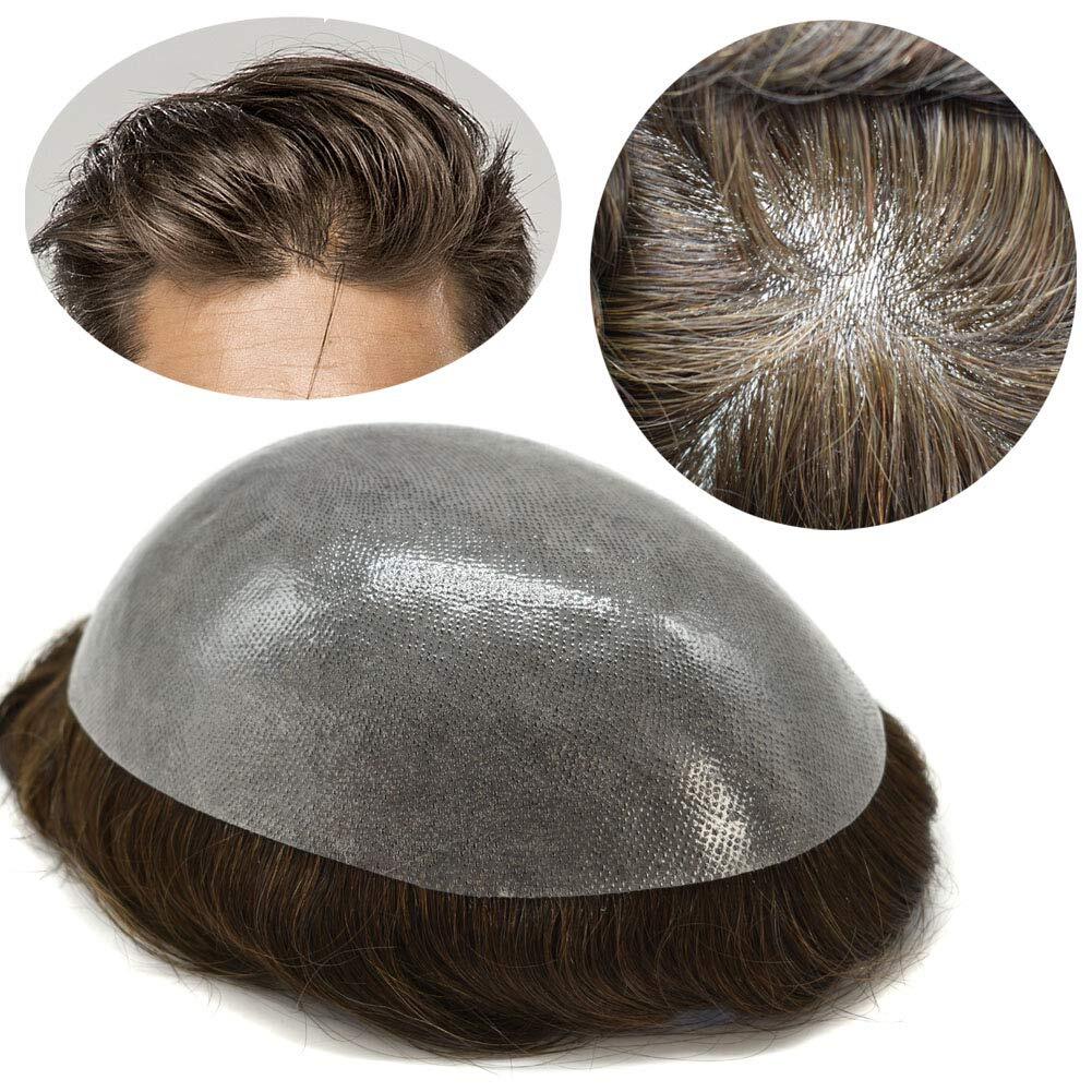 Thin Skin 0.1mm Invisible Full Poly Mens Toupee Hairpiece Human Hair US