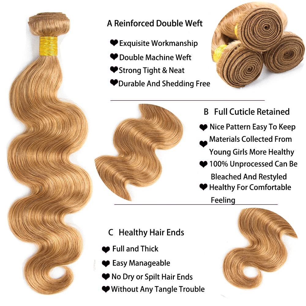 #27 Honey Blonde Bundles Human Hair Body Wave Bundles 18 20 22 Inch Unprocess…