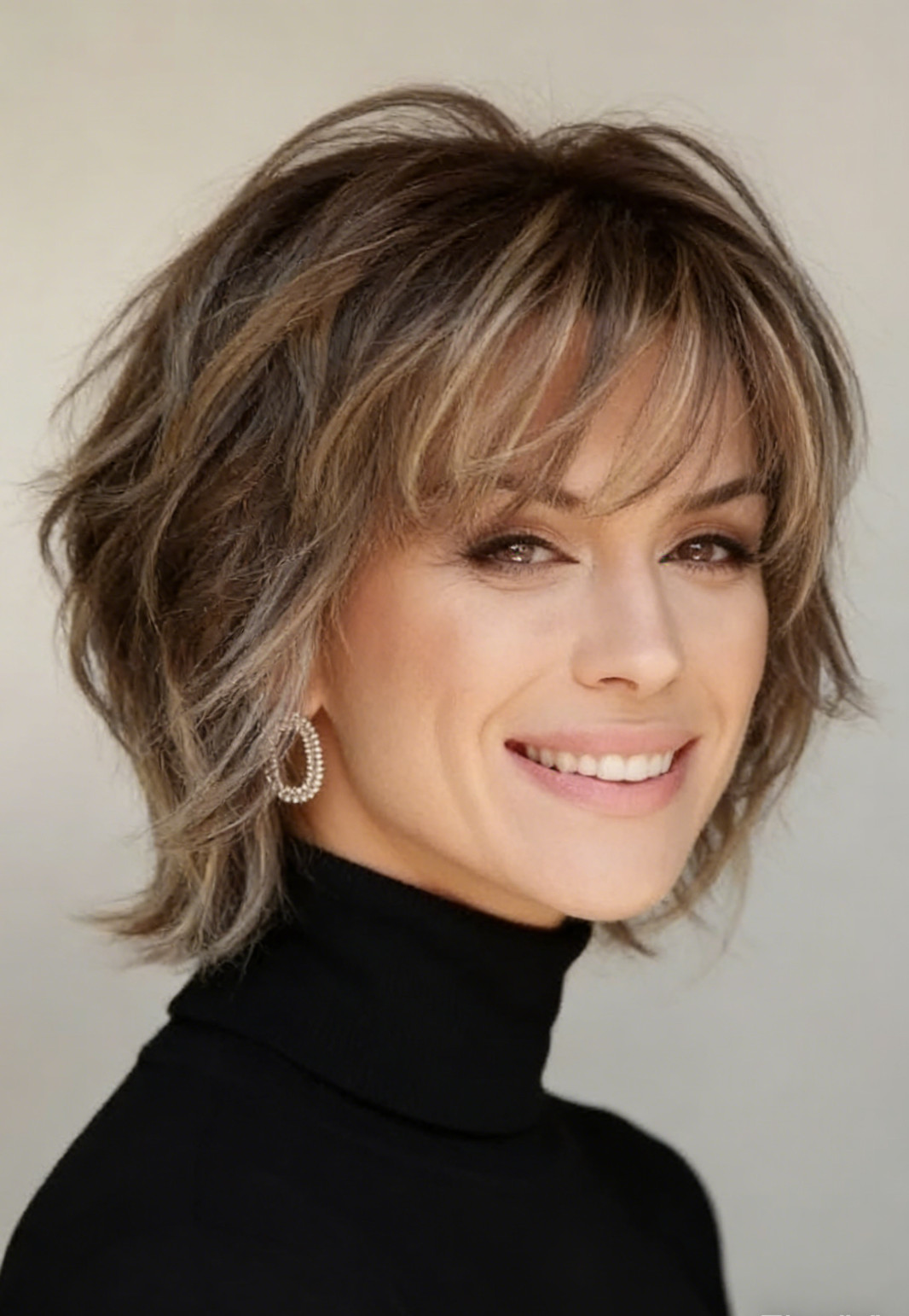 Short Bob Ash Brown Blonde Highlights with Bangs 100% Human Hair Lace Front Wigs