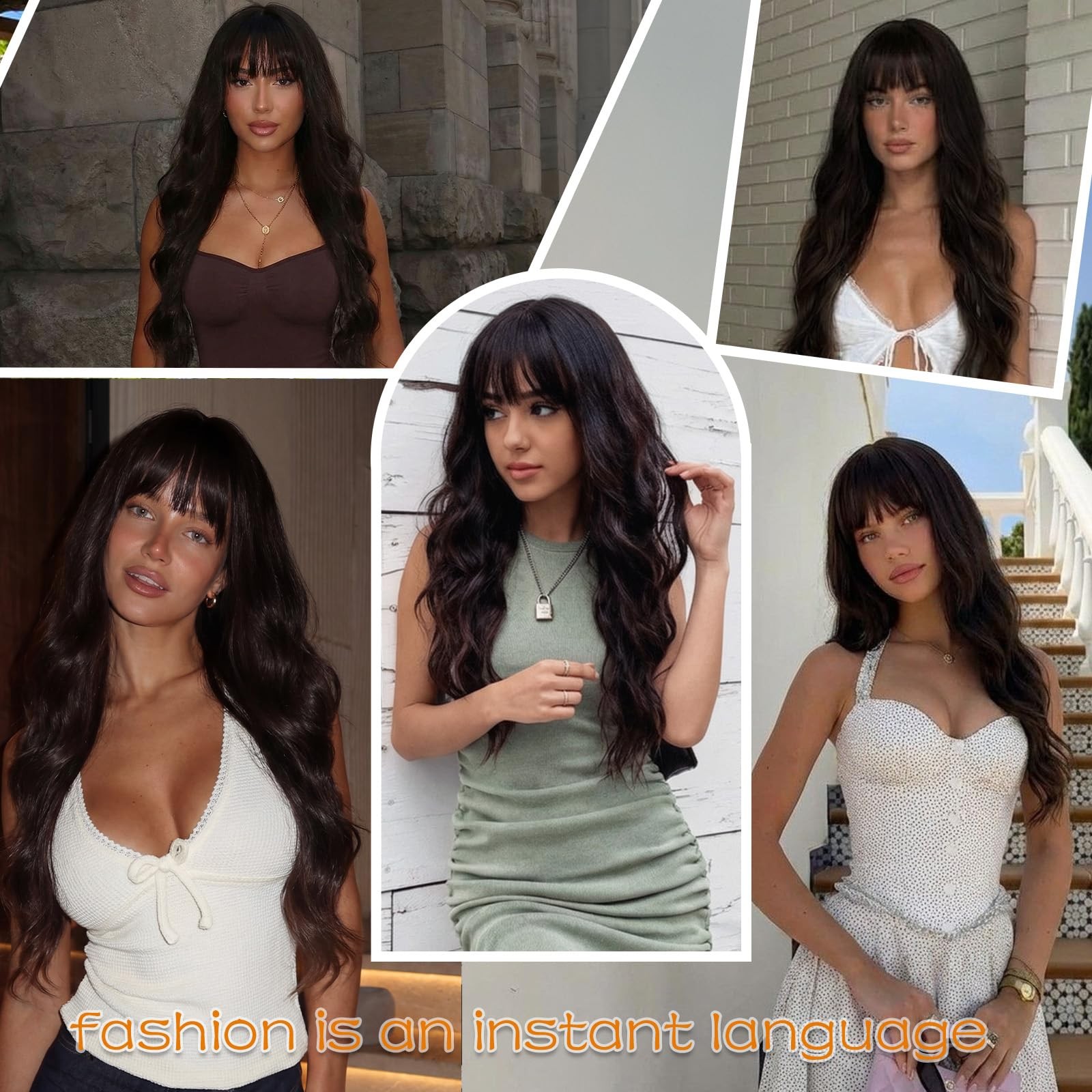 Brown Wig with Bangs for Women Long Brown Wavy Wigs 26 Inch Dark Brown Wigs N…