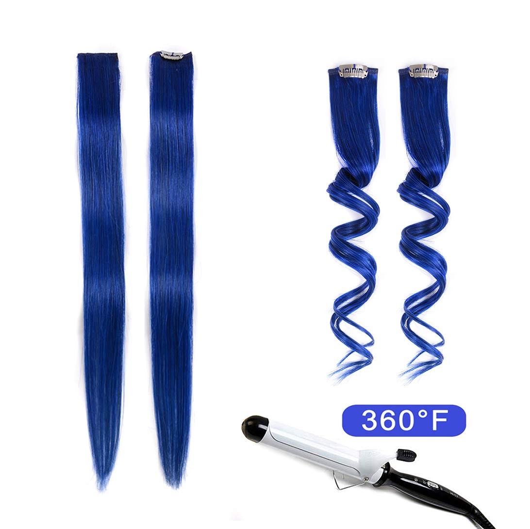 Blue Clip in Hair Extensions 100% Real Human Hair – Straight Highlights Color…
