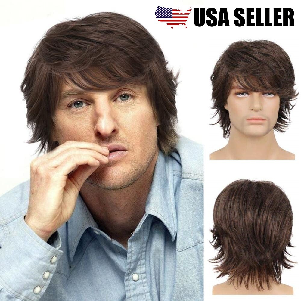 Men Brown Short Wigs Layered Natural Wavy Synthetic Hair Boys Male Wig Bangs USA