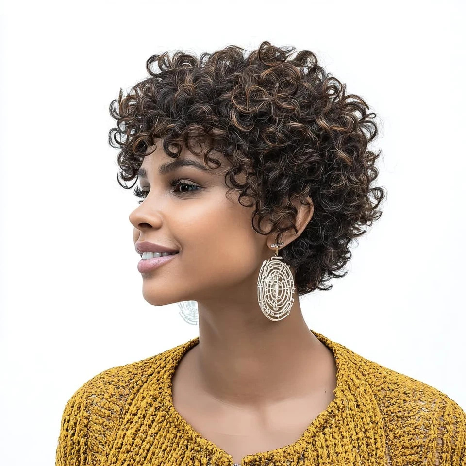 Short Curly Wig for Black Women Black Brown Highlight – Natural Afro Curls with