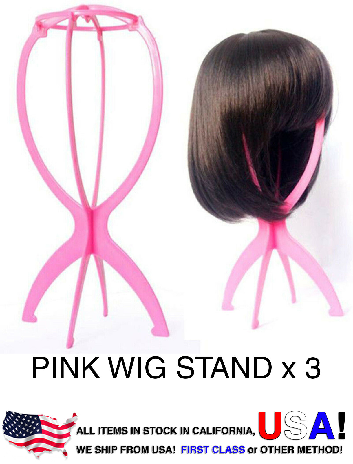 3 of Pink Plastic Light Wig Hair Holders Stand Folding Hat Cap Durable Display