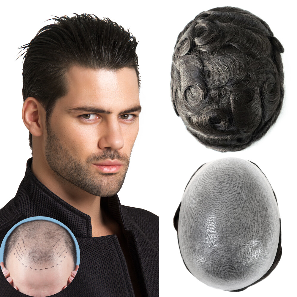 Super Mens Human Hair Thin Skin V Looped Replecement System Hairpieces Gent Wigs