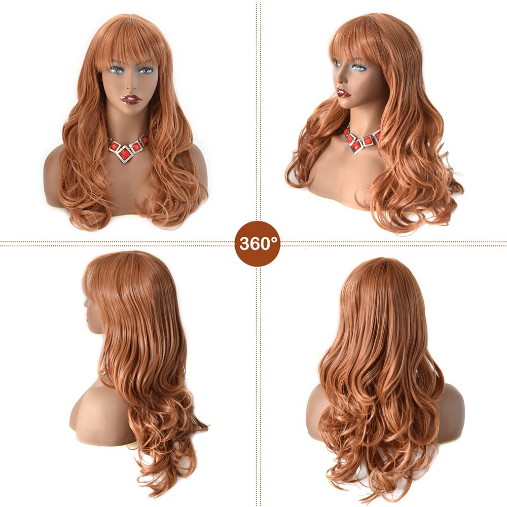 Women Synthetic Machine Made Glueless Wigs With Bangs Black Brown Long Wavy Hair