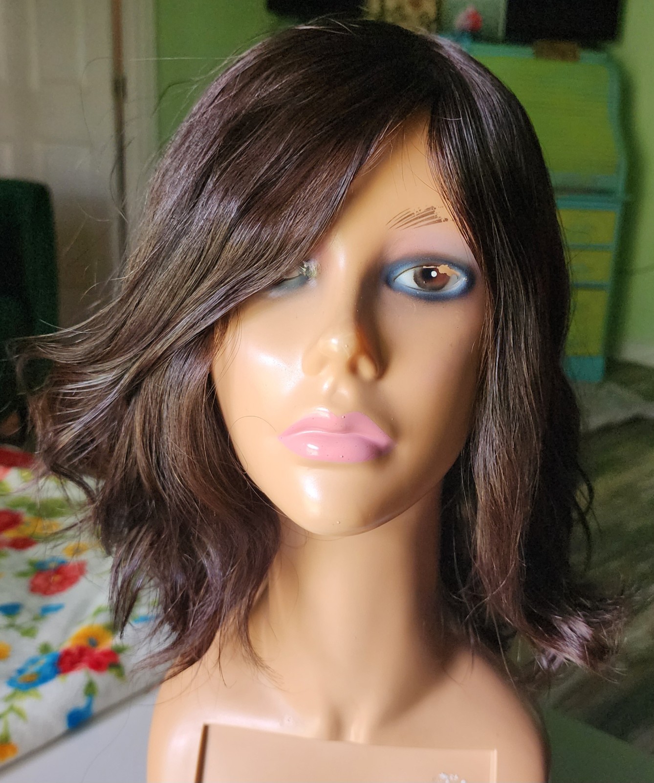 Dark Brown Wavy Layered Human Hair Wig 16 inches Medium Cap, Mono Part