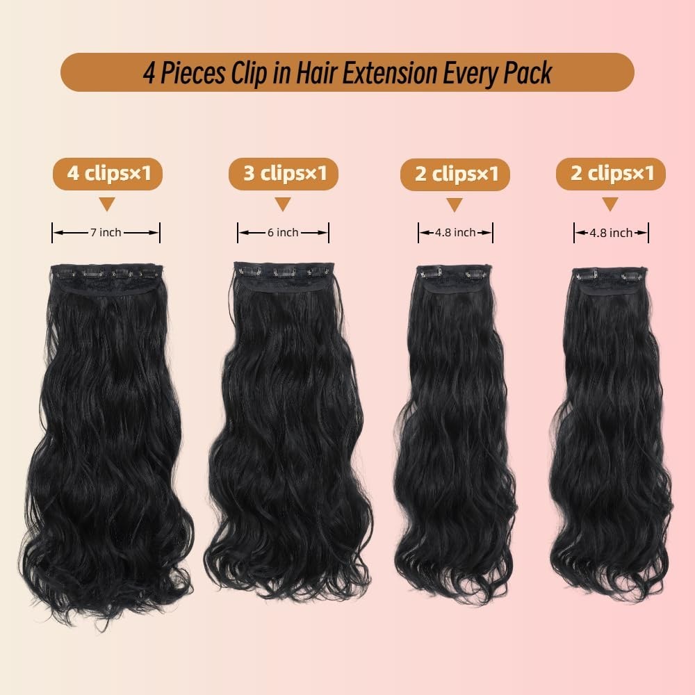 MEZIRU 20” Clip-In Hair Extensions 4pcs Wavy Synthetic Full Head Double Weft Bla