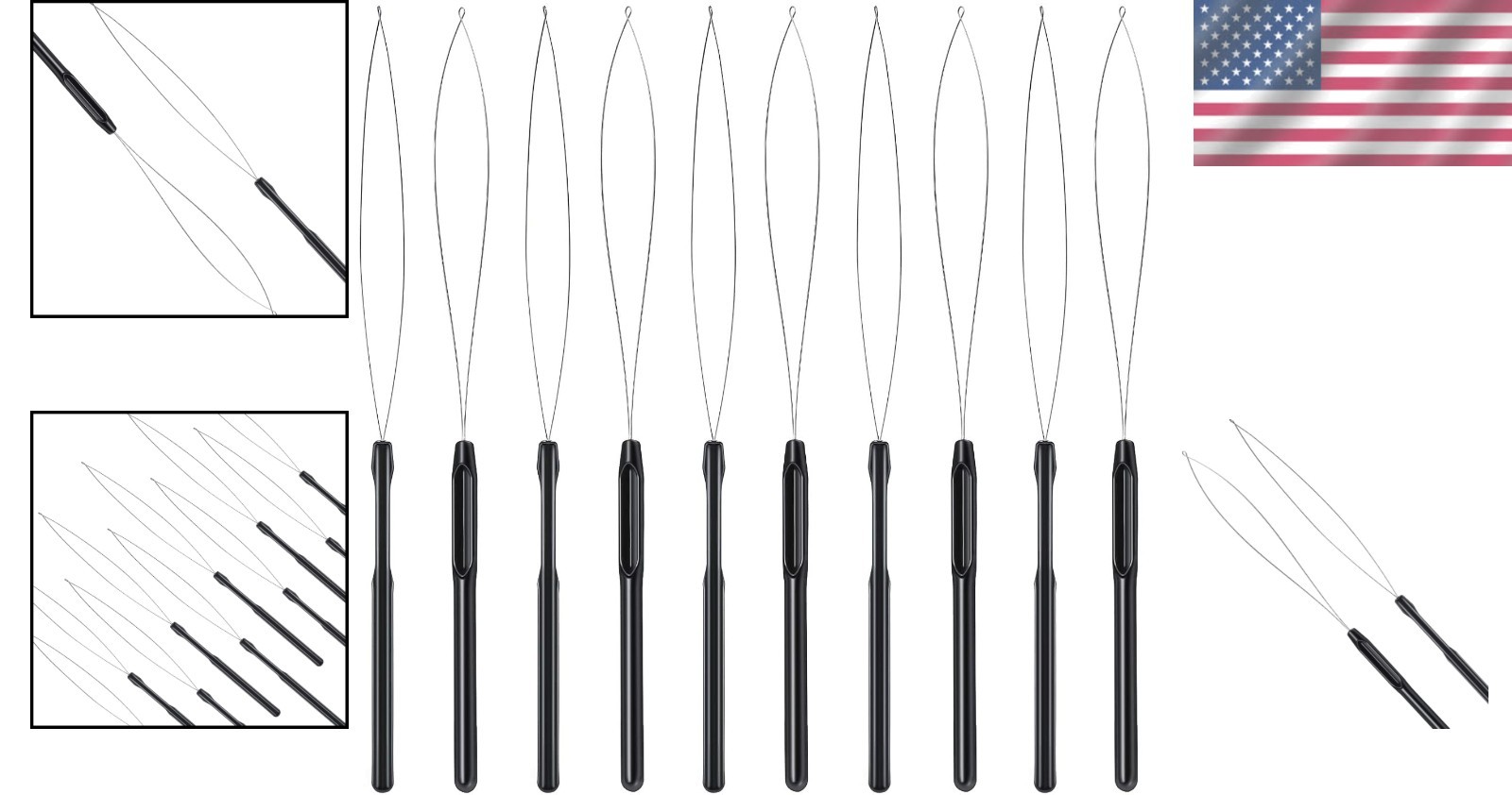 High-Quality Black Hair Extension Loop Tool with Metal Needle and Plastic Handle