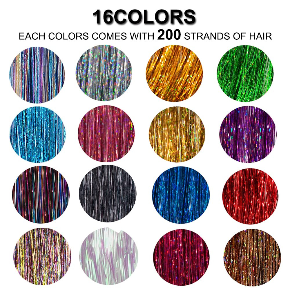 Hair Tinsel 16 Colors 3200 Strands Glitter Tinsel Hair Extensions Kit with Tools