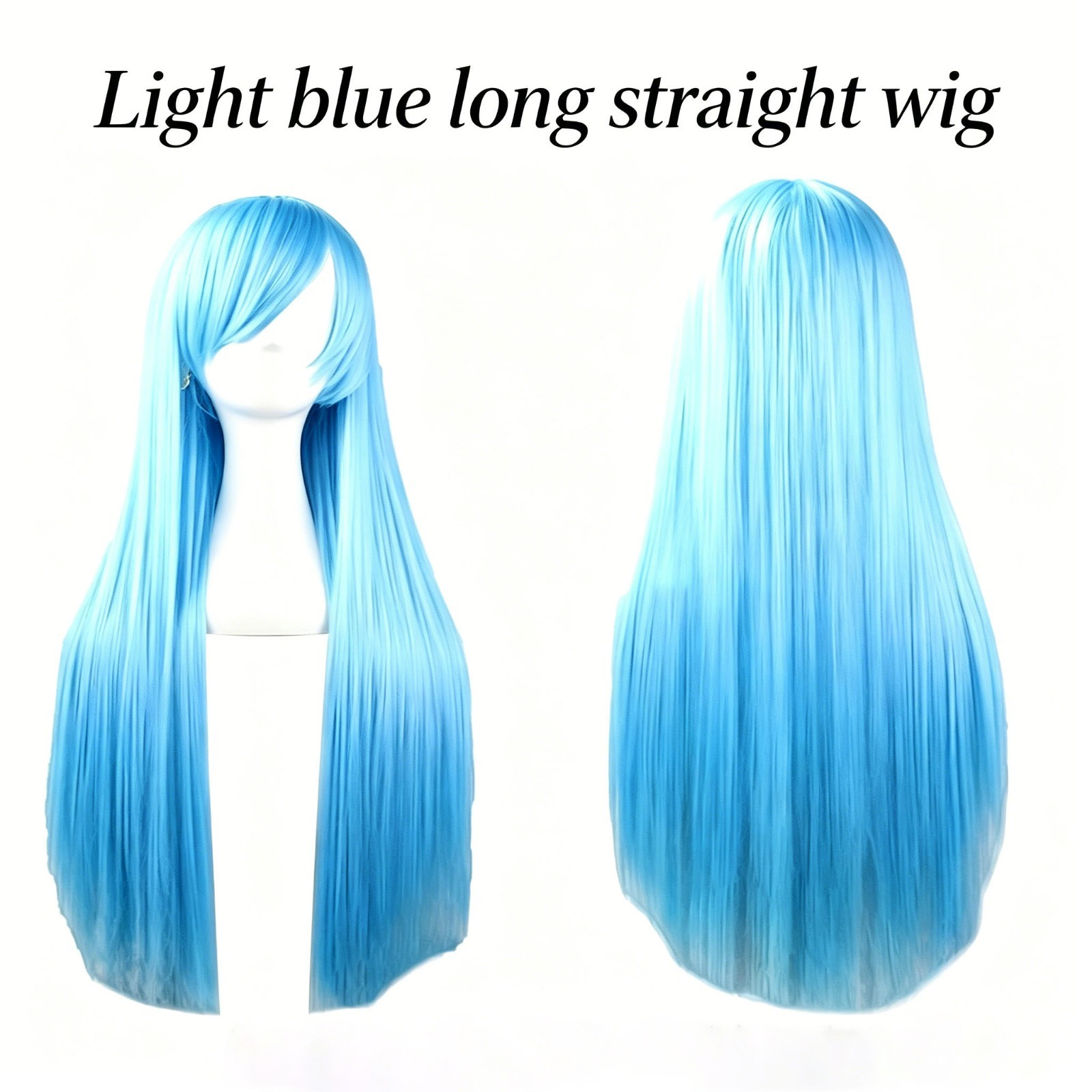 Blue New 80cm Straight Sleek Long Full Hair Wigs Side Bangs for Women Rose Net