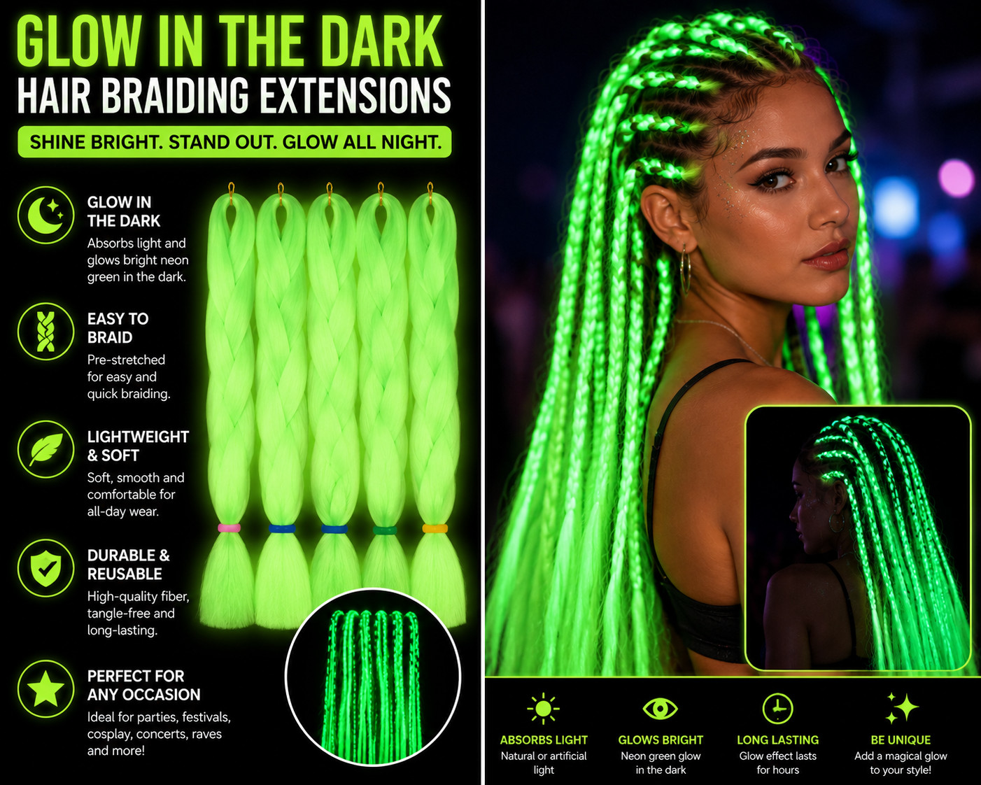 Glow in the Dark Braiding Hair Extensions – Neon Light Synthetic Jumbo Braid