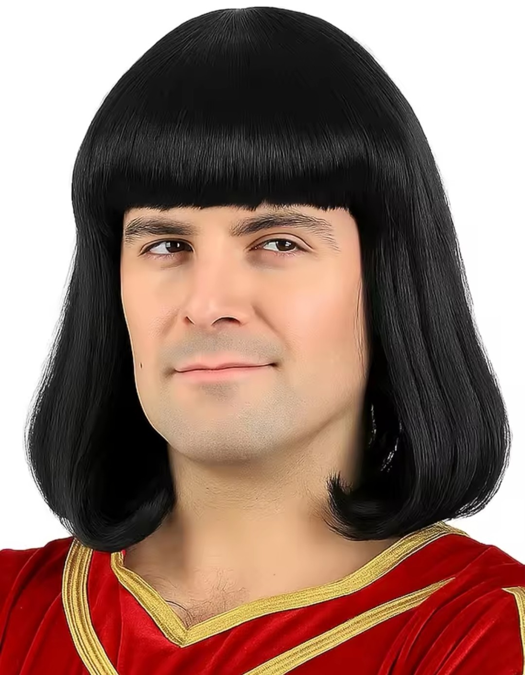 Lord Farquad Style Synthetic Unisex Wig Black Full Bangs Realistic Wig 14 Inch