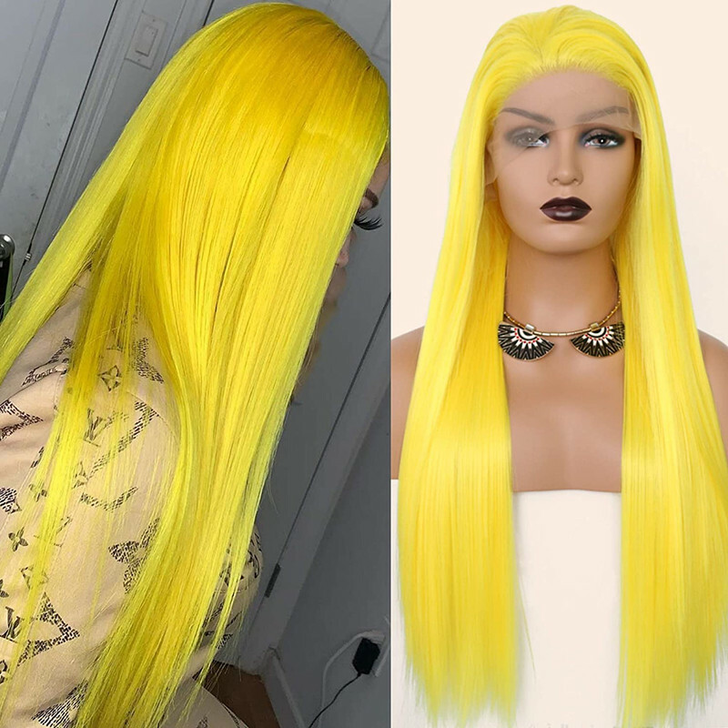 Lace Front Yellow Wig 24In Long Straight Yellow Wig for Women Cosplay Party Wear