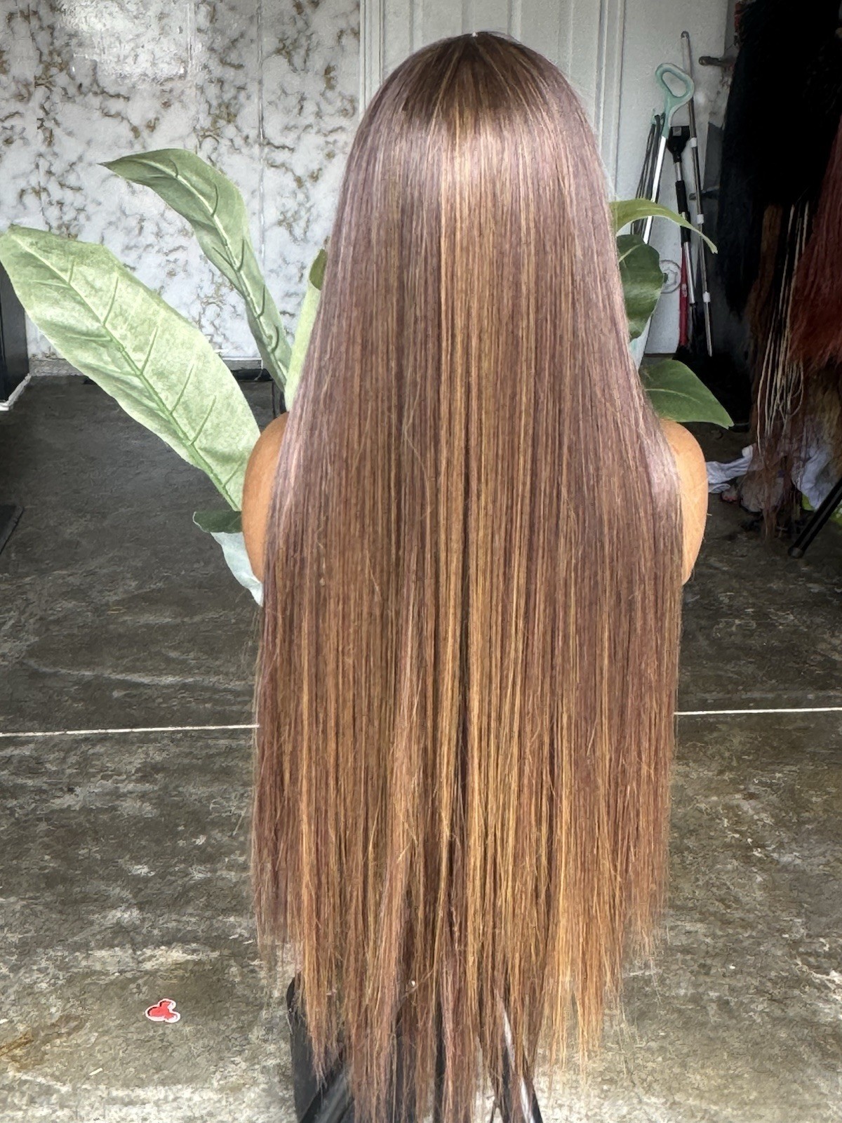 Closure Straight Medium Brown Light Brown Wig Middle-Part for Women Hair blend
