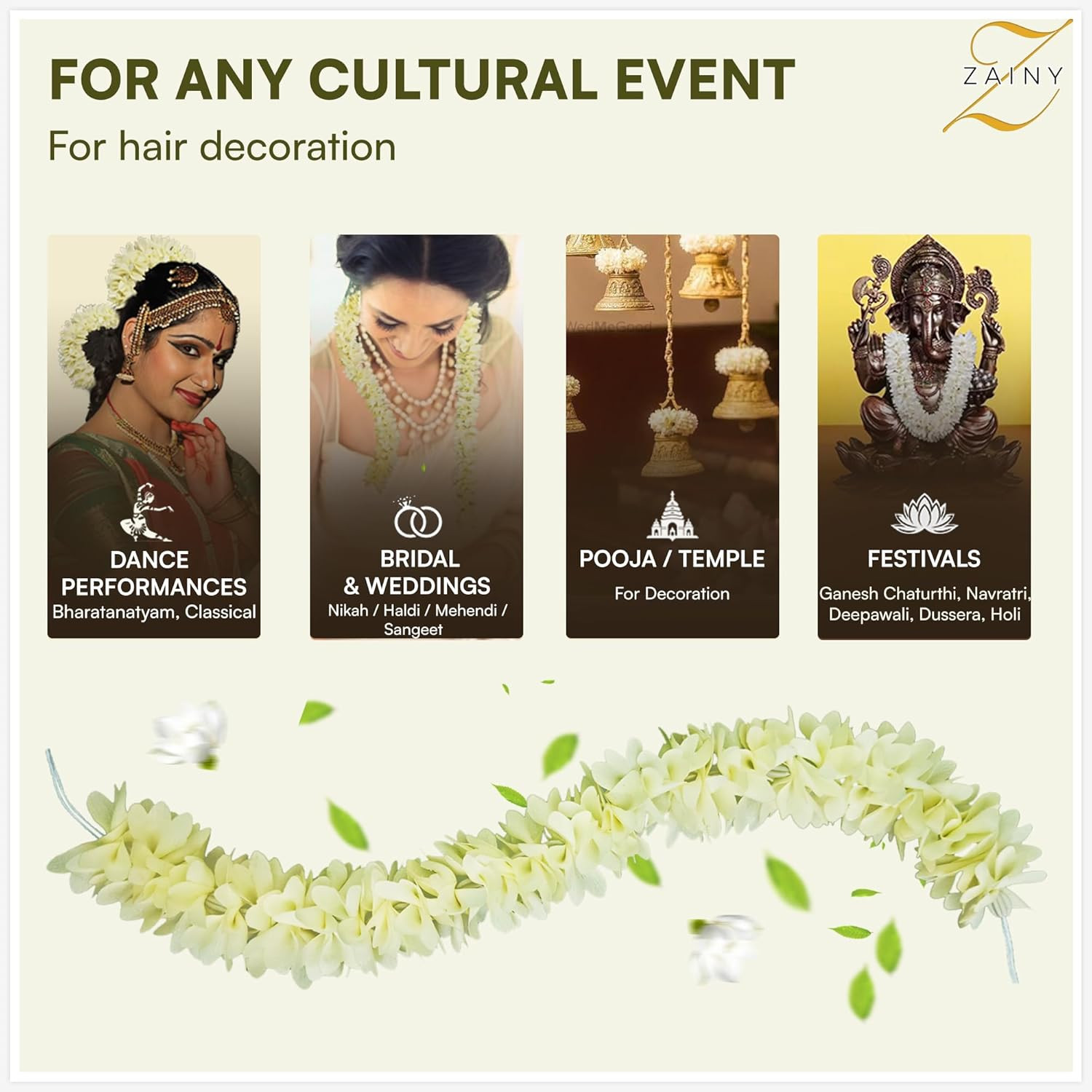 6 Pack Mogra Gajra for Hair Indian Bun, Artificial Fabric Jasmine Flowers Hairbu