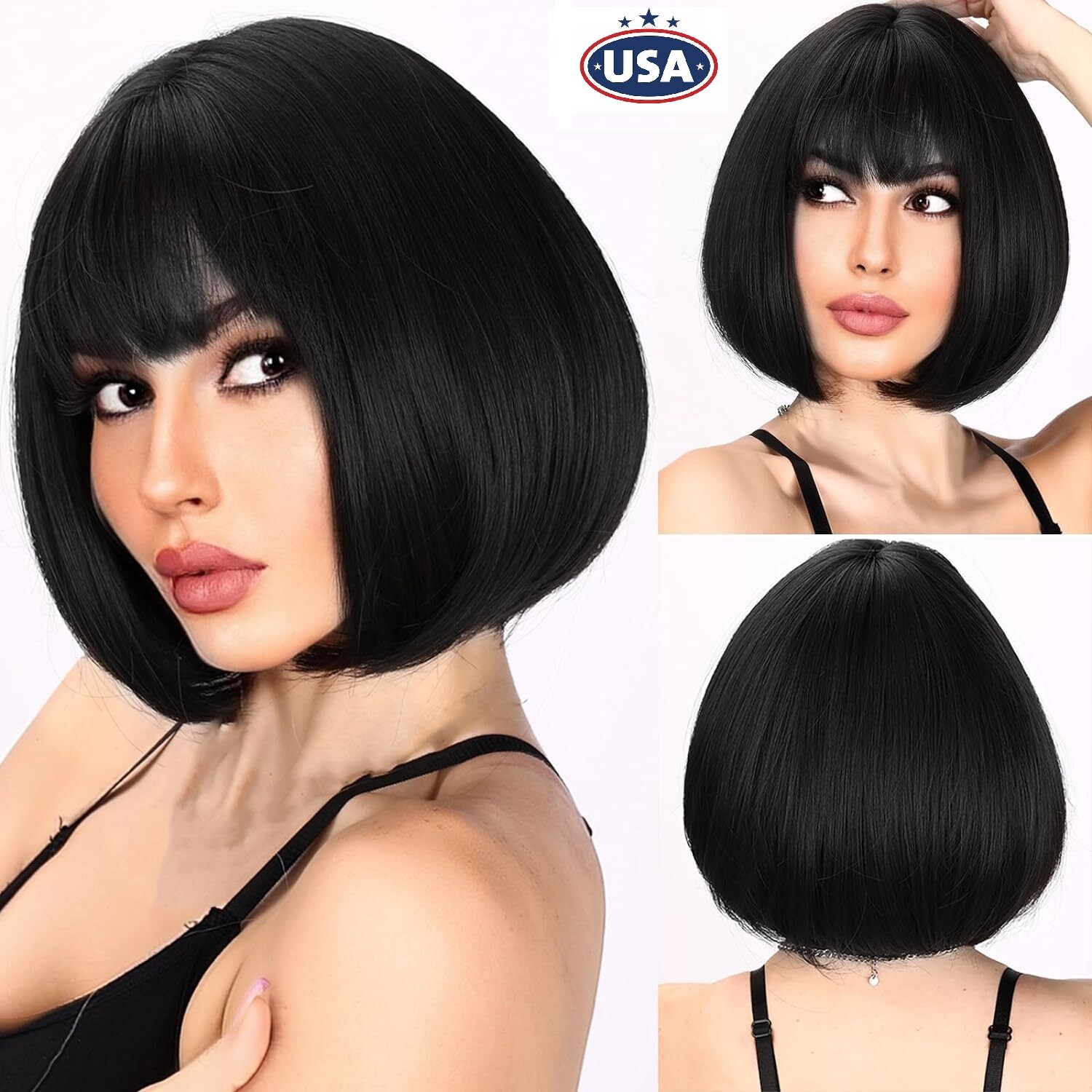 Black Bob Wig with Bangs 13″ Short Bob Wigs Women Short Black Wig Heat Daily USA