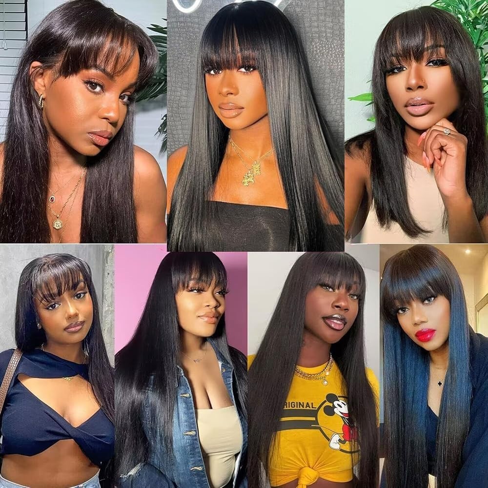 Black Wig with Bangs Long Straight Human Hair Wig for Women No Lace Front Wig