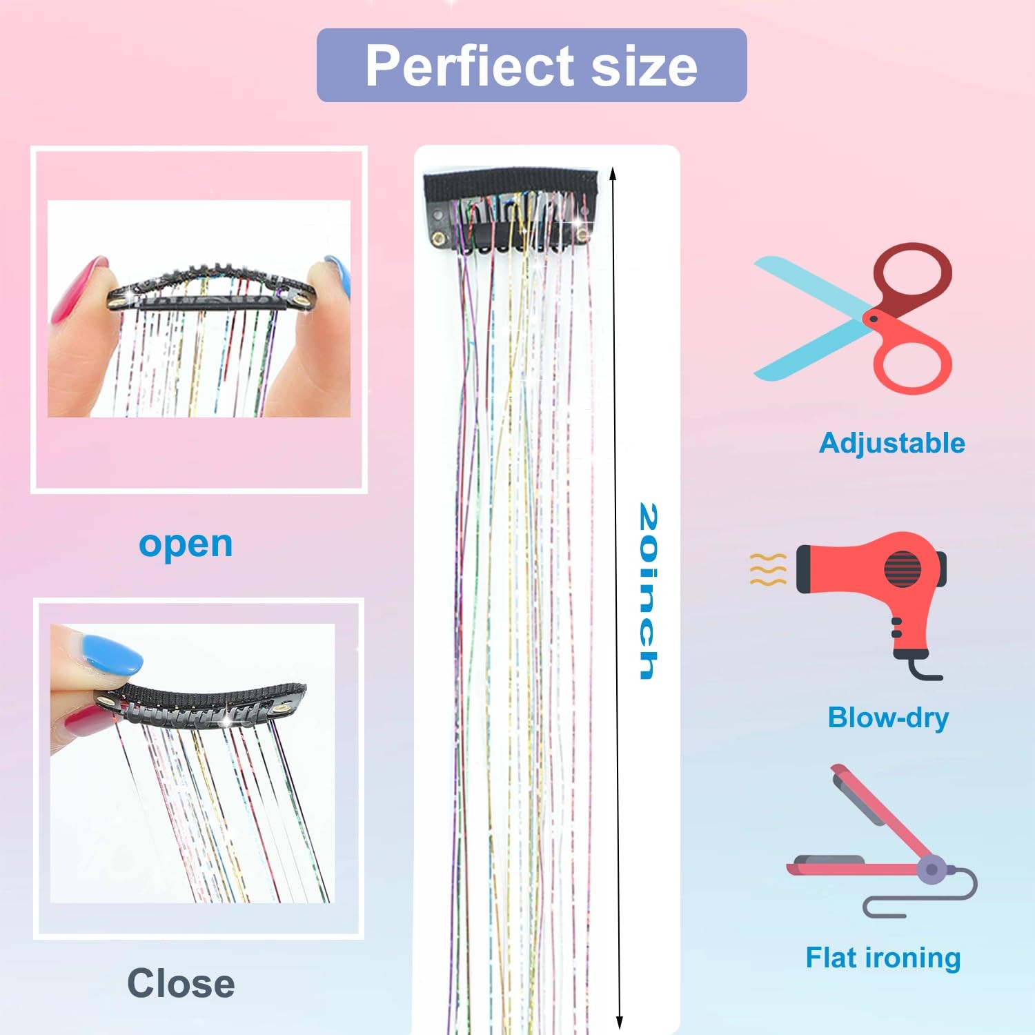 18pcs Hair Tinsel Clip in Kit Glitter 18pcs, Colorful