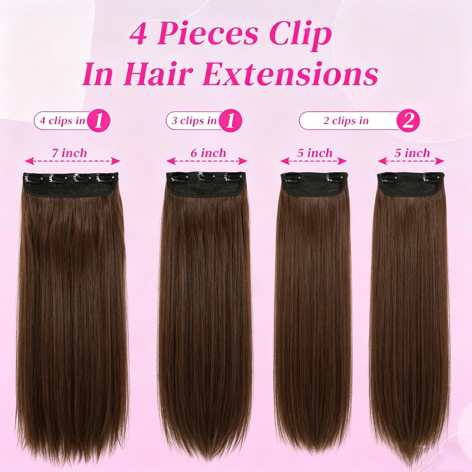 Dark Brown Clip in Hair Extensions 20 Inch Long Straight 4PCS Synthetic