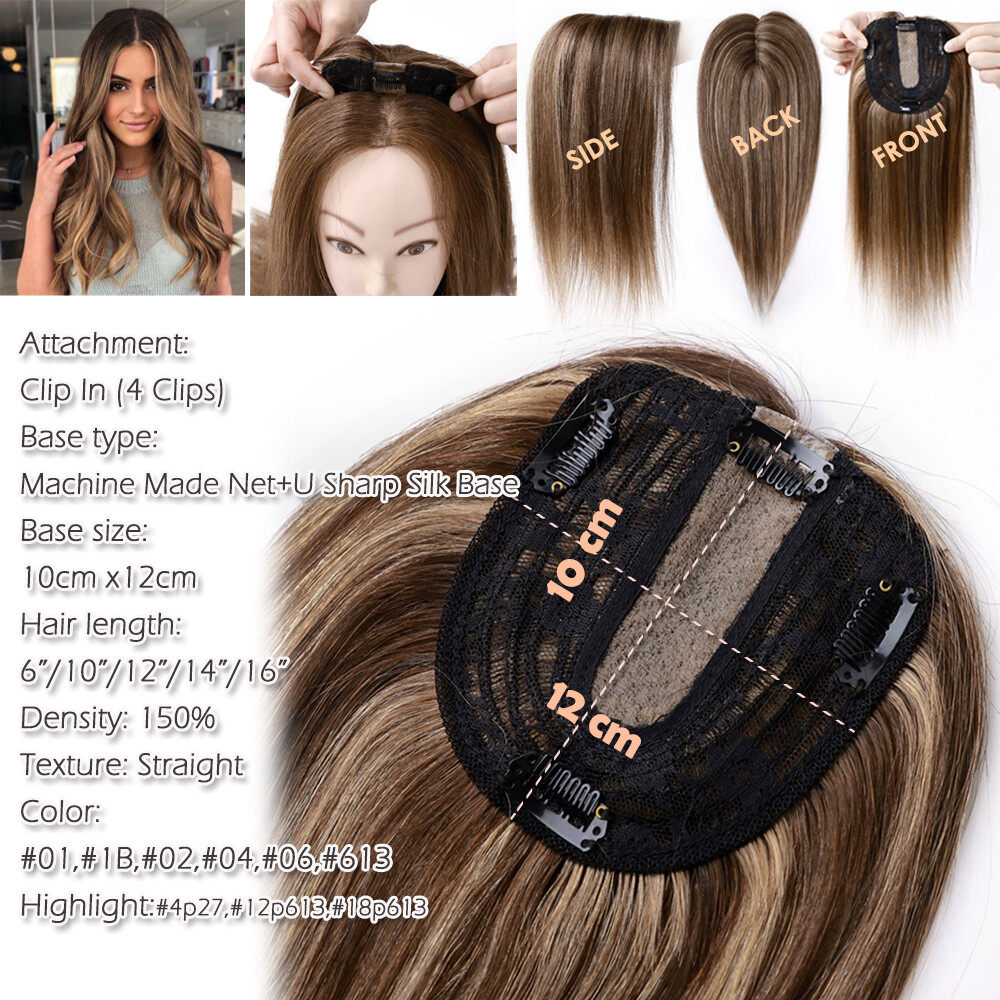 US Clip in Hairpiece 100% Real Remy Human Hair Topper Toupee Top Silk MONO Women
