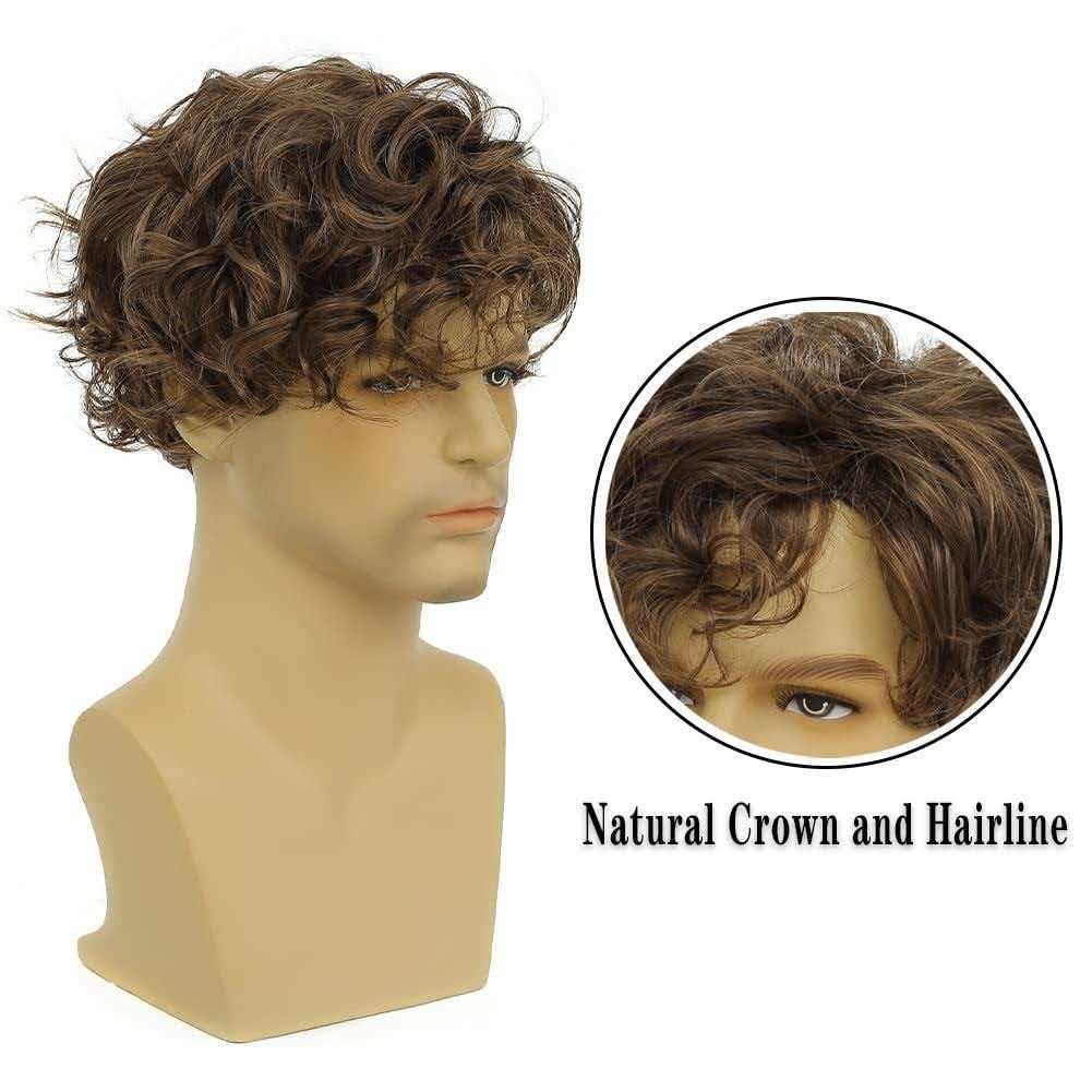 Men’s 6in Short Brown Wavy Wig Full Cosplay Synthetic Heat Resistant Party