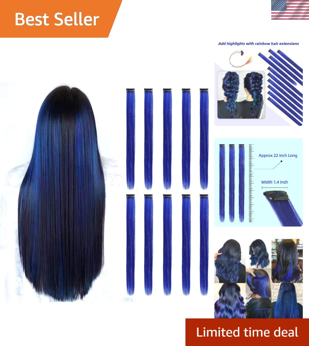 Blue Hair Extensions Clip in 10 Pieces Synthetic