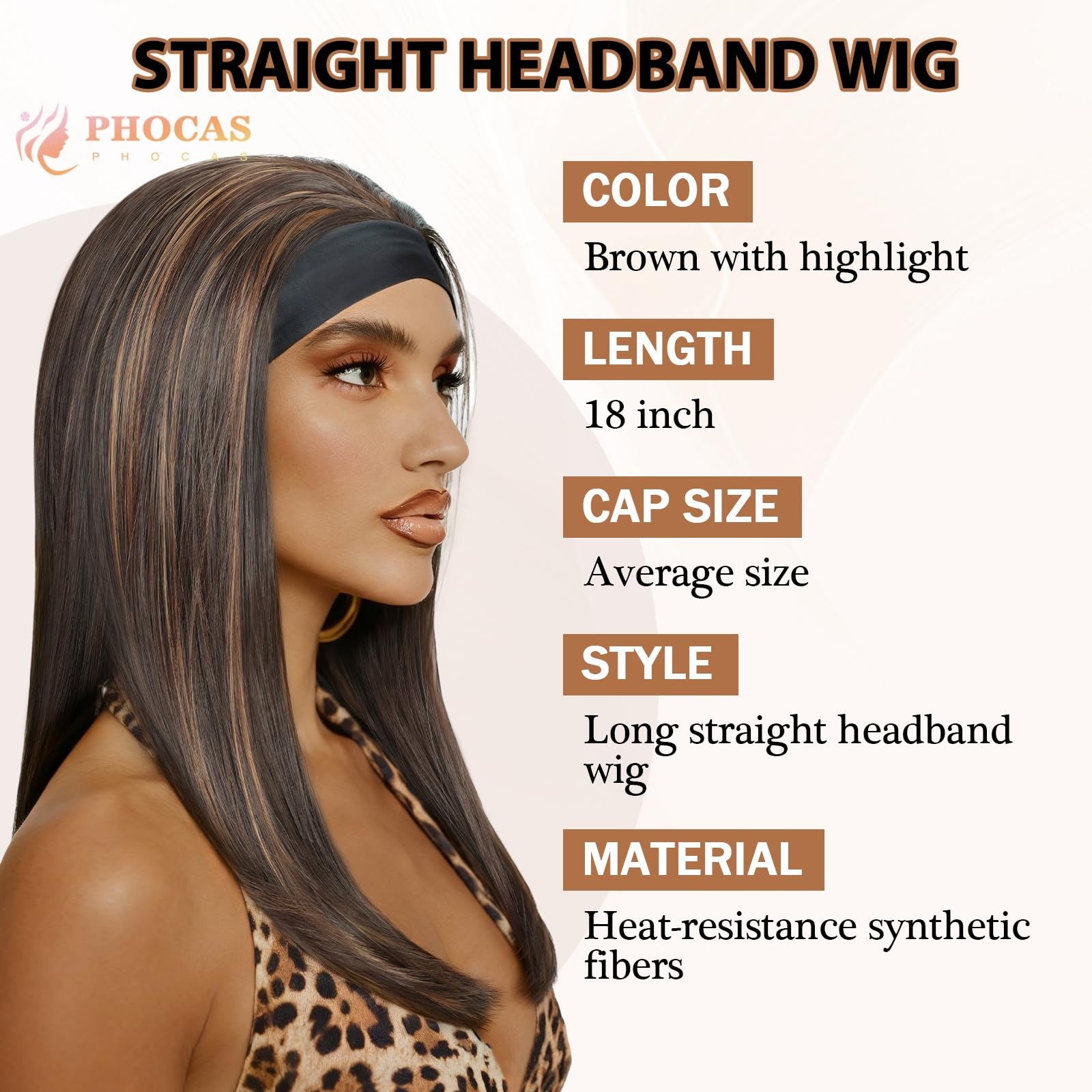 18″ Long Highlight Brown Headband Wigs for Dark Brown Headband with Highlight…