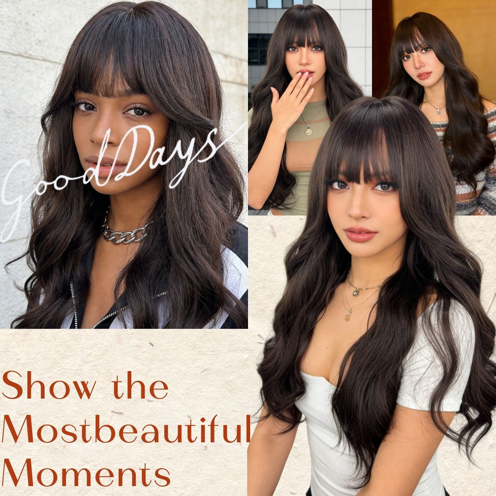 24in Dark Brown Wavy Wig with Bangs Heat Resistant Synthetic Party Wedding