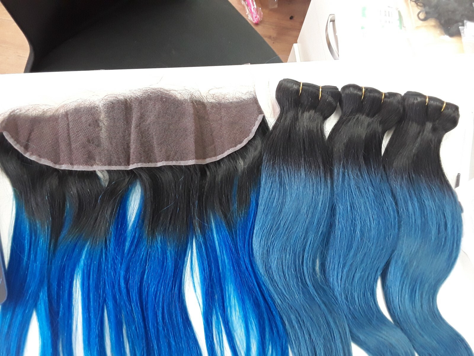 1B#/BLUE OMBRE BRAZILIAN VIRGIN HUMAN HAIR STRAIGHT BUNDLES 16+16+16&16 FRONTAL