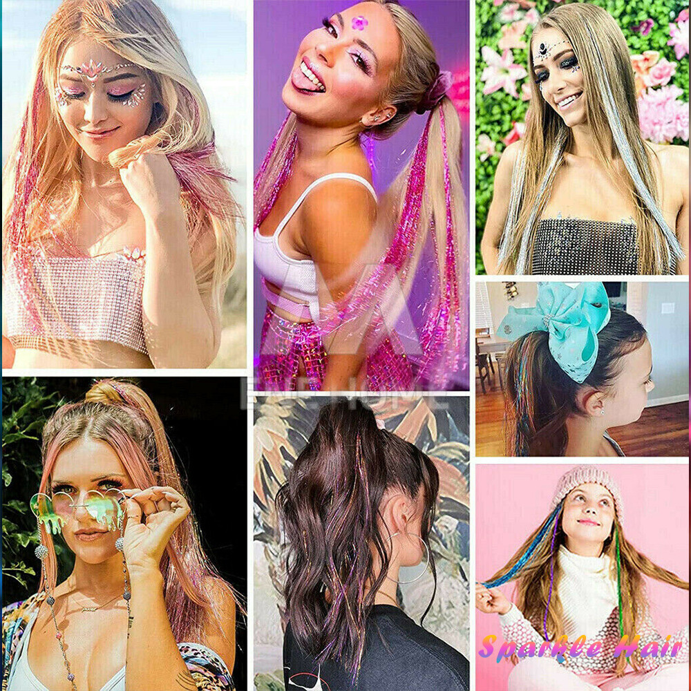 12 Colors 2400 Strands Hair Tinsel Kits Glitter Hair Extensions w/ Tool 47 Inch